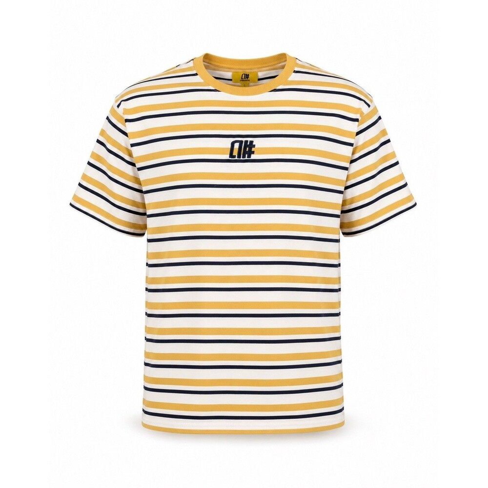 Vintage Alphanumeric T-Shirt Mens M Embroidered Logo Yellow Navy Stripe Y2K READ